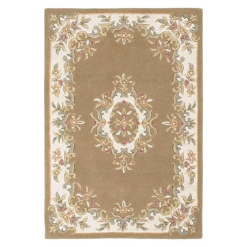 Royal Traditional Floral Aubusson Medallion Border French-Style Hand-Carved Hi-Low Textured Soft Durable Wool Beige Rug-Melrose-Rug Love - The Most Loved Rug Store